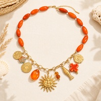 Collar de cadena con colgante de cuentas rojas ámbar vintage SUMMLY, de acero inoxidable, con dijes de sol, corazón y pez, joyería de moda para mujer