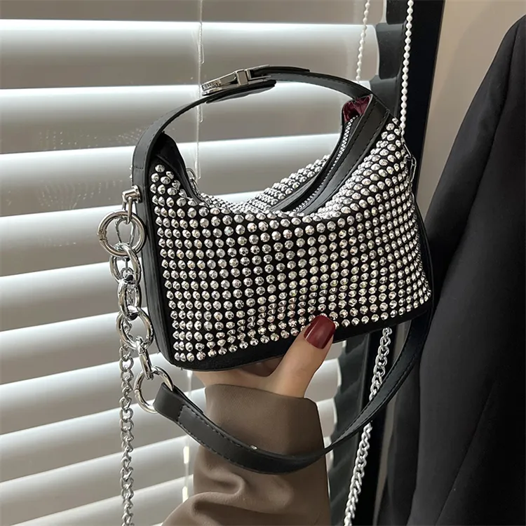 waterproof studded tote fashion silver quilted leather glitter sequins ladies handbags with chain