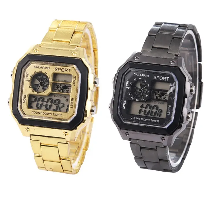 reloj stylish rose gold band chronograph calendar Watch cool lights dual time digital sport Electronic watch