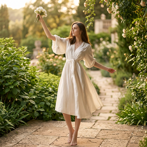 Organic Linen 100% Cotton Bell Sleeve Vintage Casual Dress Side Pockets Spring Summer Plus Size High Waist Breathable Flowy Midi - Product Image 2