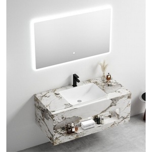 Mueble de Baño CR con Espejo LED, Lavabo de Cerámica de Una Pieza, Gabinete Flotante de Doble Capa, Gris - Product Image 3