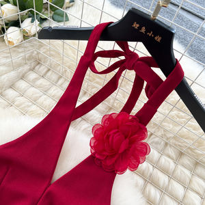 Красное сексуальное платье с цветочным принтом, женское летнее платье с V-образным вырезом и оборками с завязками на талии для пляжной вечеринки - Product Image 5