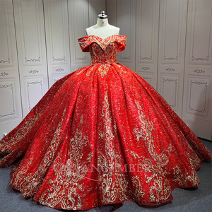 Pour LSMU81 brillant rouge épaule dentelle cristal Appliques perles fête parole longueur robe de bal naturel chapelle Train robe - Product Image 1