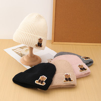 Bonnet en tricot jacquard style coréen automne/hiver avec motif ours, mélange de laine, doublure polaire extra-épaisse pour femme adulte