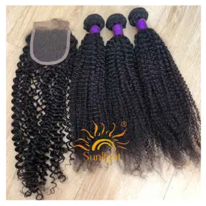 Mongolian Kinky Curly Bundles With Closure 100% Remy Human Hair Bundles With Closure Sunlightモンゴル変態カーリーヘア