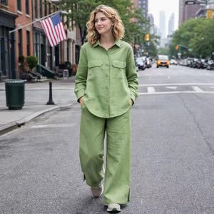 Completi da Donna, Set Personalizzati Ecologici con Camicia Verde in Lino e <span class=keywords><strong>Pantaloni</strong></span> Lunghi con Elastico in Vita, Fornitore di Alta Qualità - Product Image 2