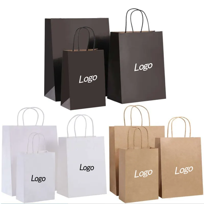 Customized Printed Recyclable Khaki Luxury Gift Shopping Food Beverage Brown Kraft Paper Packaging Bag With You Own Logo