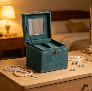 Boîte à bijoux en velours vert avec miroir, petite boîte de rangement carrée pour bijoux avec serrure, boîte de rangement portable pour boucles d'oreilles et bagues pour femmes - Product Image 2