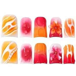 LUMEILA <span class=keywords><strong>Uñas</strong></span> Postizas Acrílicas de Cobertura Completa, Color <span class=keywords><strong>Rosa</strong></span> <span class=keywords><strong>Fucsia</strong></span> Degradado, con Flores Blancas 3D, Perlas y Detalles Dorados, Tamaño Mediano Corto, 10 Piezas - Product Image 6