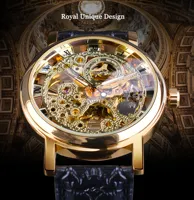 Montre mécanique Winner avec cadran transparent, design élégant, bracelet en cuir doré, aiguilles lumineuses, montre-bracelet pour homme d'affaires