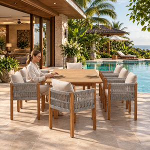 Juego de Mesa de Comedor de Madera de Teca Sólida para Exteriores, 8 Plazas, con Sillas con Brazos de Cuerda Tejida y Cojines, Muebles de Comedor para Patio y Jardín - Product Image 2