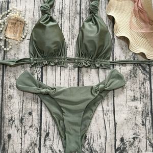 Ensemble 2 pièces sexy à découpes, maillot de bain uni à séchage rapide avec string en V, bretelles à nouer, vêtements de plage, bikini sexy à armatures pour femme - Product Image 4