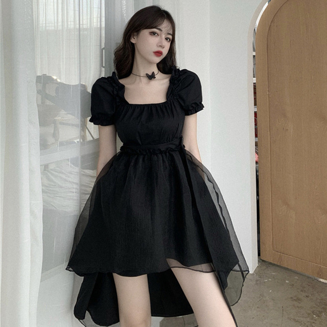 2018 korean high waist dress Dewlily Puff Sleeve Dress Korean Fashion Teens 20s 30s Cute Date A-line Office Style Off Shoulder Plain Simple main image 1