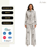 Ensemble pantalon large et chemise imprimée journal pour femme Anjie OEM ODM, personnalisable avec étiquette privée, devant torsadé, 2 pièces