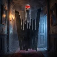 Squelette fantôme suspendu d'Halloween de 160 cm avec dents blanches réalistes, yeux rouges lumineux, son effrayant, décoration intérieure pour maison hantée