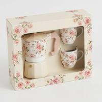 Ensemble de cafetière Moka en aluminium à motif personnalisé avec 2 tasses en céramique, thème floral français, vente en gros, coffret cadeau boutique, cadeaux en vrac, OEM