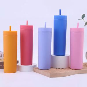 Vasos rectos reutilizables de plástico de doble pared de 16 oz, personalizados y coloridos, con tapas y pajitas. - Product Image 3