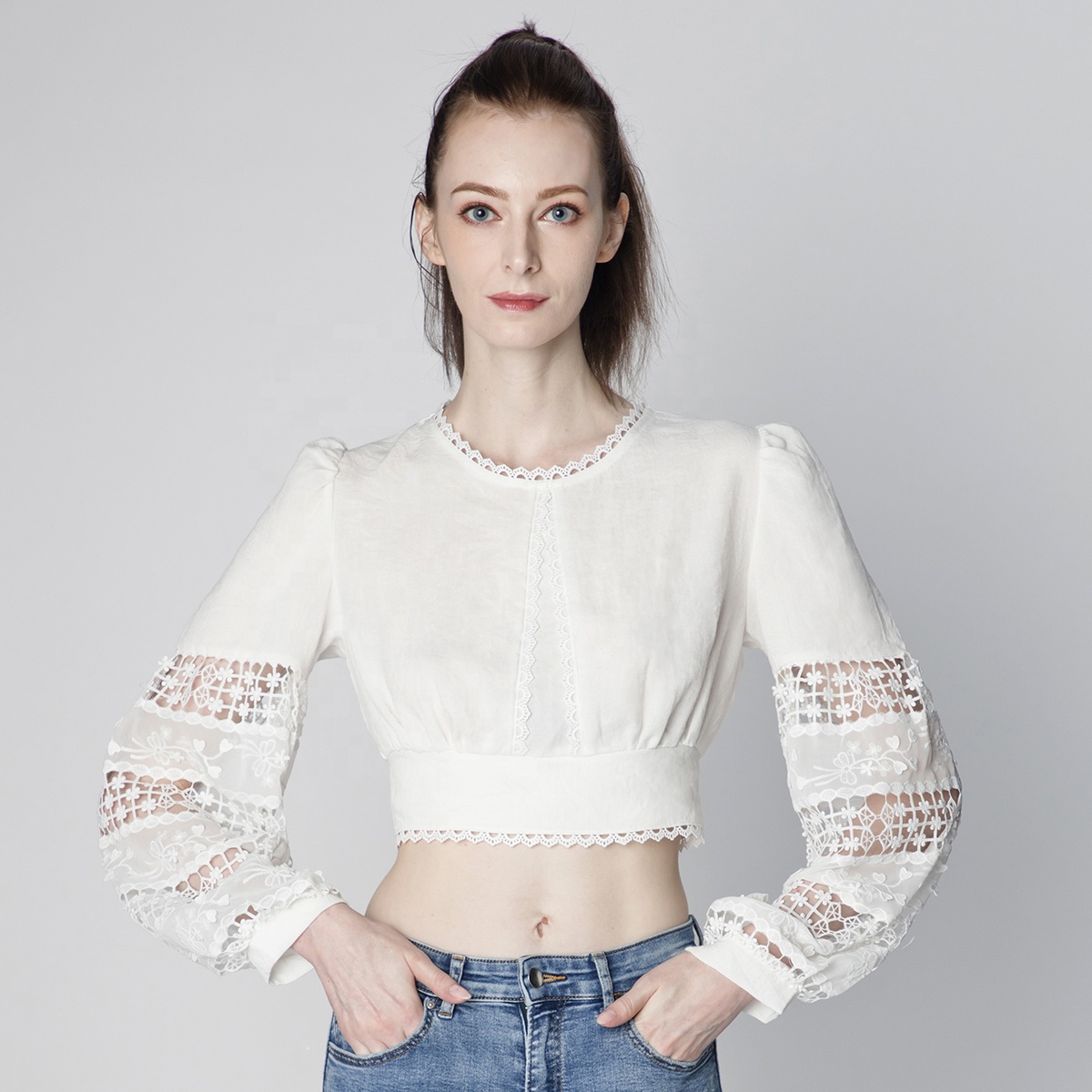 Повседневный Женский однотонный тканевый вязаный крючком топ на весну (21008)