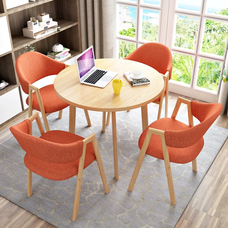 Orange cloth 4 chairs + 80 wood color round table