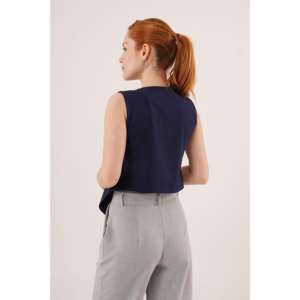 Gilet pour femme bleu marine en gros, motif croisé, bouton brodé, style extérieur, longueur longue, veste sans manches, tissu tissé, coton tricoté - Product Image 1