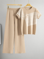 Ensemble décontracté deux pièces pour femme : haut tricoté à manches courtes rayé color block et pantalon large taille haute amincissant pour l'été