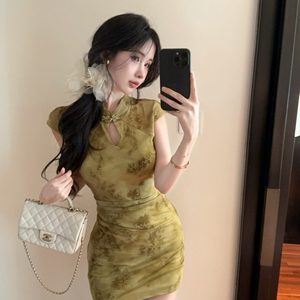 Green Modern Chinese Style Cheongsam Dress Women Summer Bodycon Mini Skirt Party Slim Fit Polyester YX-8188 - Product Image 4
