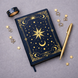 Diario de Tapa Dura Azul Marino con Estampado Dorado de Estrellas y Luna, Cuaderno de Escritura Plano para Notas, Regalo para Diario Personal - Product Image 3
