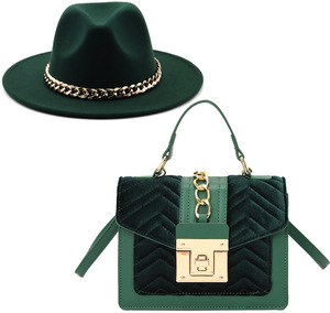 Q20123 8 couleurs automne/hiver dames Jazz large bord Fedora avec chaîne bandeaux et velours sacs à main femmes feutre <span class=keywords><strong>Fedoras</strong></span> + sac ensemble - Product Image 3
