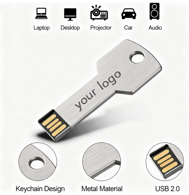Wholesale Key Shape Metal USB 2.0 Flash Drive 1GB to 32GB Memory Stick Laser Logo Gift Pen Drive
