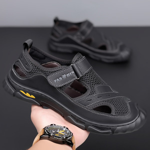 Fasthin Mesh <b>Closed</b> <b>Toe</b> <b>Sandals</b> Flat Velcro Closure Breathable Men's Summer Shoes Gray Black Brown Adult Size 3102 - Product Image 3