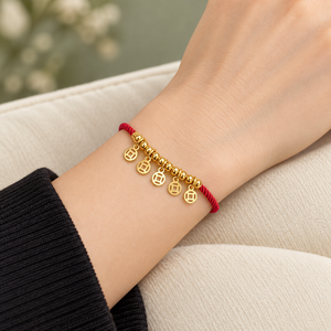 <b>Red</b> Cord Bracelet with Gold <b>Tone</b> Charms Stainless Steel 24K Gold Vacuum Plating - Product Image 3