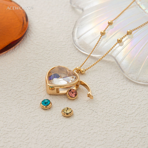 <b>Heart</b> <b>Locket</b> Crystal Rhinestone Necklace | 18K Gold Plated Brass Pendant Necklace Interchangeable CZ Charms Beads for Women - Product Image 4