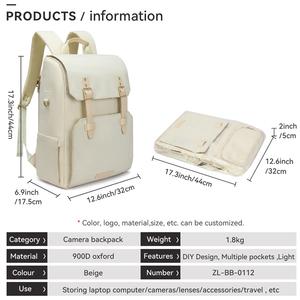 Sac à dos pour appareil photo couleur avec logo personnalisé pour photographes avec compartiment pour ordinateur portable sac de rangement extérieur pour la photographie de voyage - Product Image 5