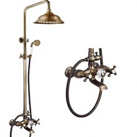 Robinet de baignoire mural en laiton antique de style téléphone avec double poignée, mitigeur de douche pluie à cartouche céramique pour villa