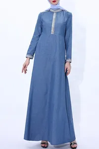 Custom Make New Design Baju Kurung Abaya Jilbab Muslim Dress Dubai Denim Gown With A Big Swing Collar