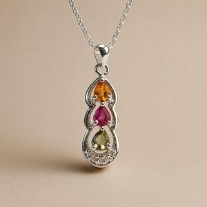 Pendentif en argent sterling 925 plaqué rhodium avec saphirs multicolores en forme de goutte - Product Image 1