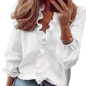 2022 Autumn Elegant Ruffles Women Shirt Blouses Casual V Neck Long Sleeve Loose Tunic White Shirt For Women