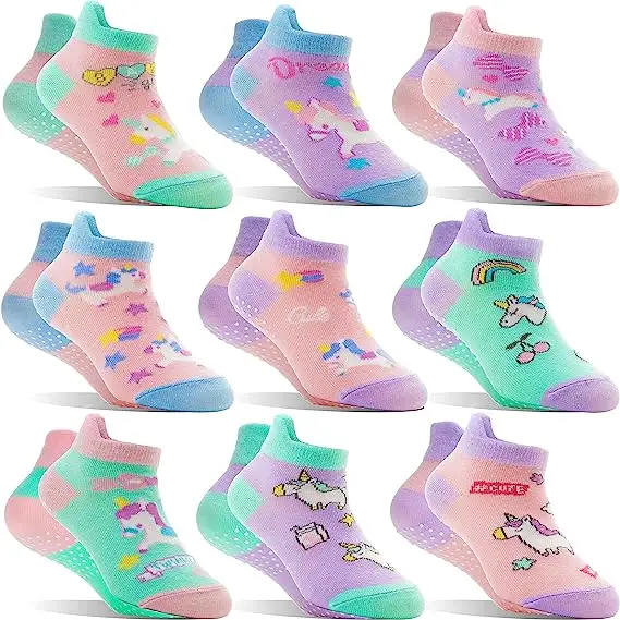 Custom Design Baby Girls Toddlers Grips Meias Kids Non Slip Anti Skid Ankle Unicorn Cotton No Show Meias com Pinças 9 Pares