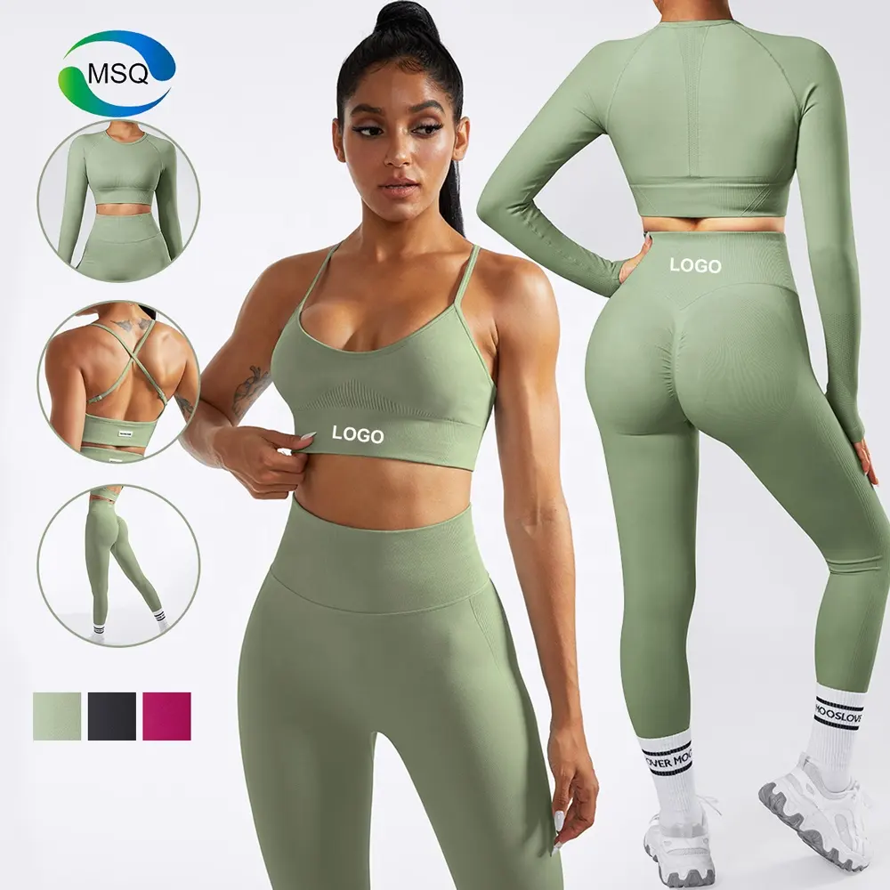 Damen bekleidung Nahtlose Active wear Fitness Yoga Sport BH Langarm Tops Scrunch Butt Leggings Sportswear Set Für Frauen