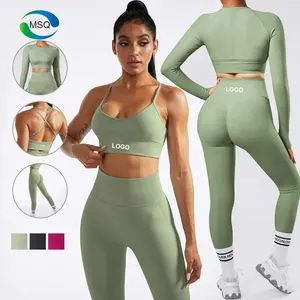 Kadın giyim dikişsiz Activewear spor Yoga spor sutyeni uzun kollu üst ezme popo tayt kadınlar için spor giyim seti