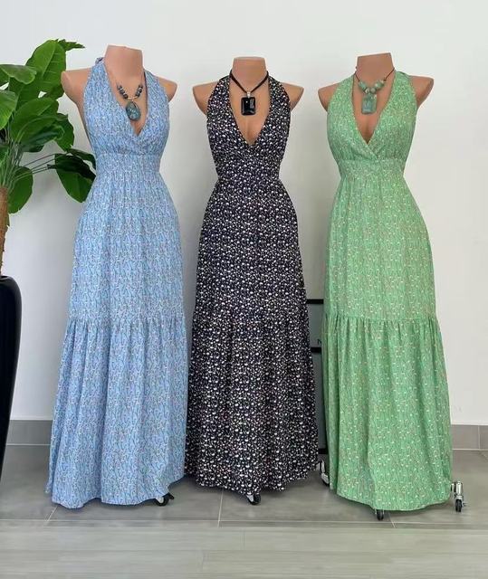 Women's Fashion Maxi Length Dress Slim Fit Casual Style Polka Dot Printed Halter Backless Crocheted Floral Summer Breathable