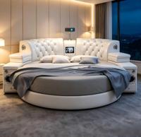 Lit rond en cuir de taille king moderne en promotion, lit multifonctionnel de luxe avec fonction musicale, mobilier de chambre haut de gamme
