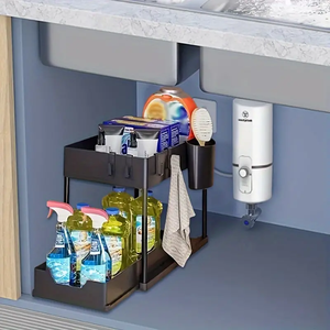 Organisateur de cuisine en plastique à deux niveaux <span class=keywords><strong>sous</strong></span> l'évier, rangement coulissant pour les articles ménagers - Product Image 1