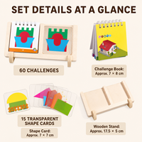 Jeu de puzzle géométrique pour designer de maisons, 60 défis visuels, 15 cartes de formes transparentes, support d'affichage en bois, éducatif pour tous les âges