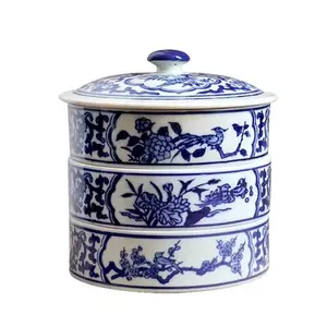 Jingdezhen Ceramic Blue and White Porcelain Three Layer Snack Jar American European Chinese Style Decoration Candy Jar