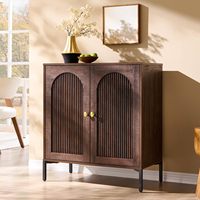Buffet moderne en bois massif, armoire de rangement haute avec armoires latérales cannelées et arche, étagères réglables, bar à café modulaire
