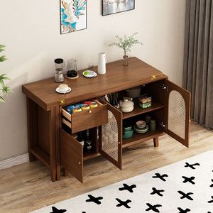 Solid Wood <b>Folding</b> <b>Dining</b> <b>Table</b> With Storage Cabinet Extendable Bar Counter For Small Apartment Home Use - Product Image 3