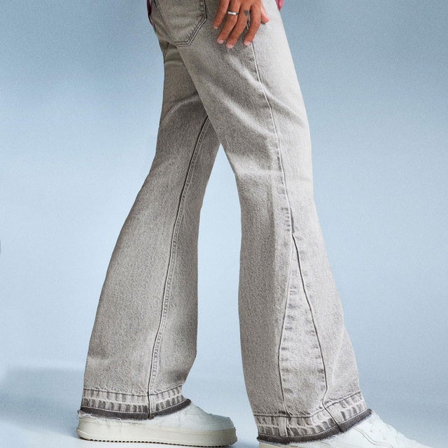 YUCE Customized Vintage Grey Flared Jeans Men's Casual Released Hem Streetwear Paneled Bootcut Denim Pants Stacked Patchwork