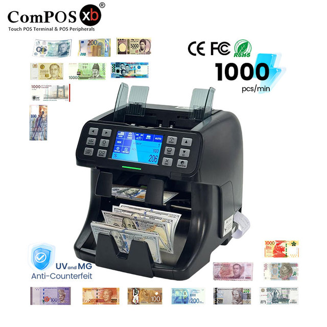 ComPOSxb Touch Panel Display 2 CIS Value Counter Money Detector USD/EUR/PKR/IQD/CFA/XOF/XAF Mixed Notes Bill Counter Business