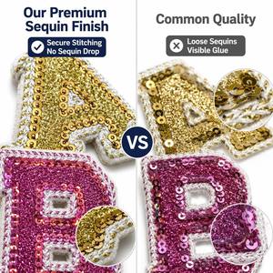 Anti-Fray&Crack Resistant Full Merrow Border Glitter Pink Bottom Letter Iron on Sequin Embroidery Patches for Pettichat Jacket - Product Image 2